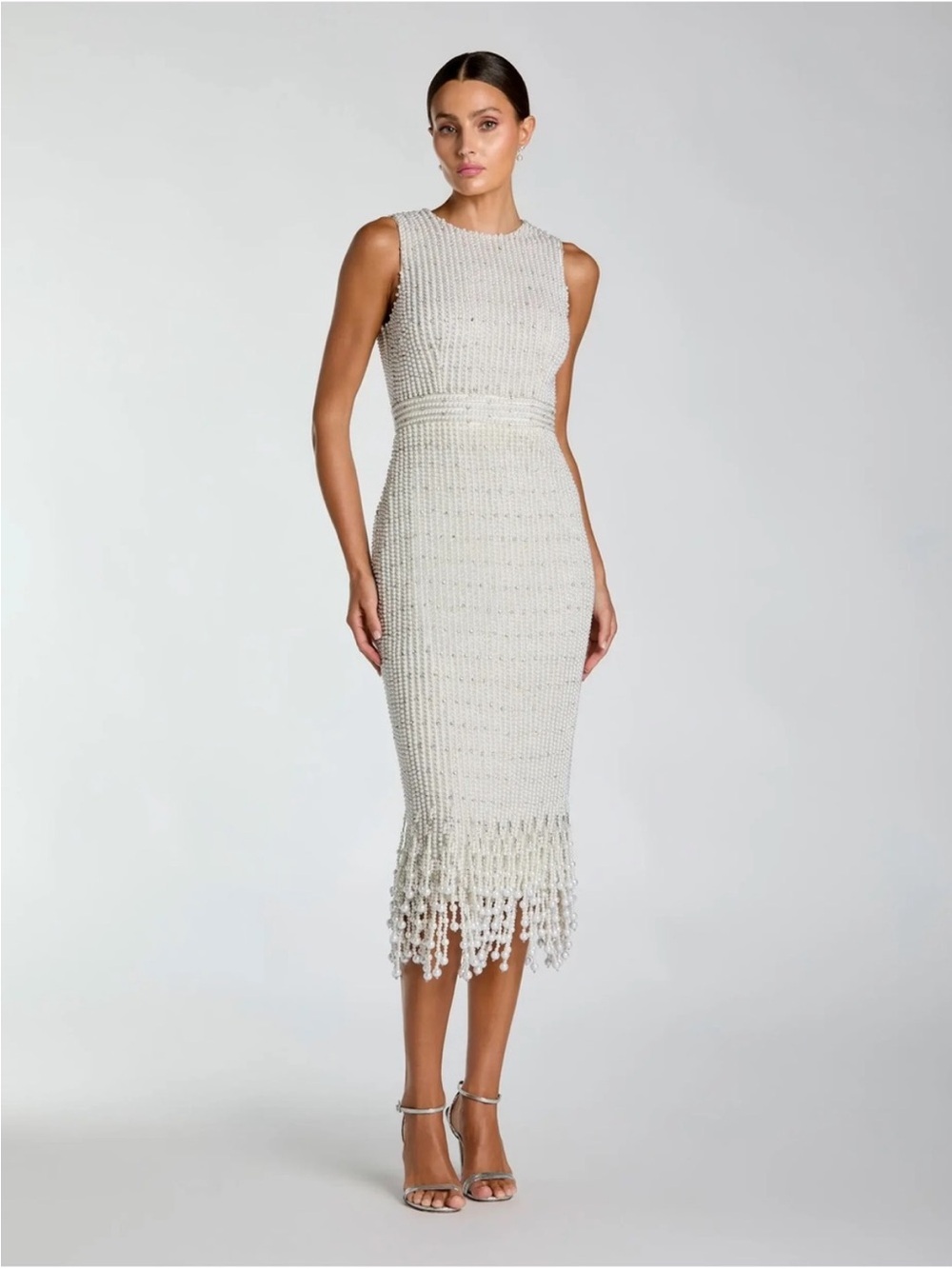 Mac Duggal 94048 White Pearl Embellished Midi Dress sz 10